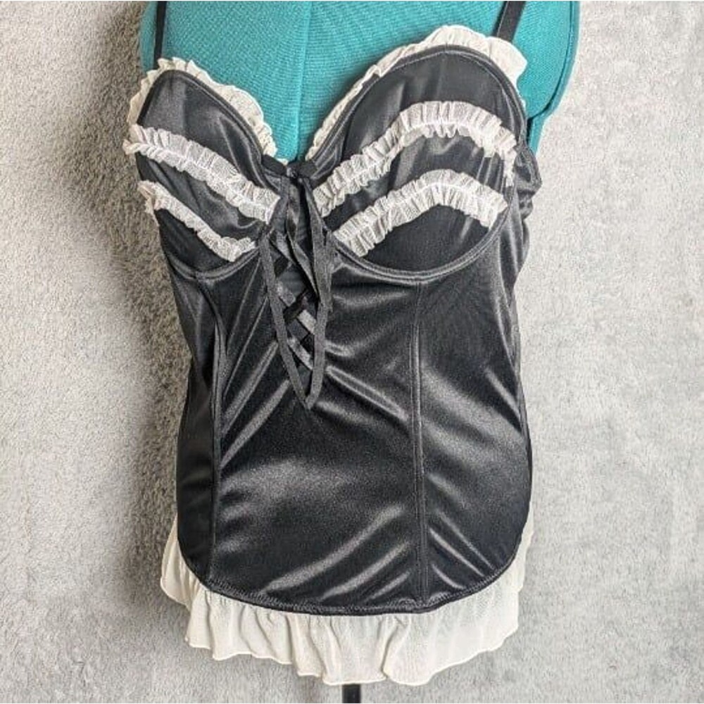 Vintage Black Satin Corset Top Ruffle Lace Bow 40DD Fredericks of Hollywood
